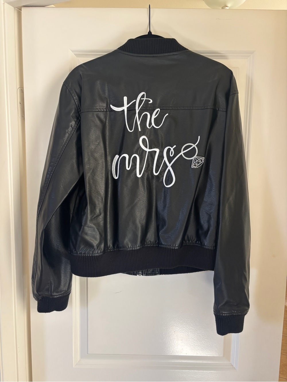 Brand New Black Faux Leather 'The Mrs.' Bomber Jacket